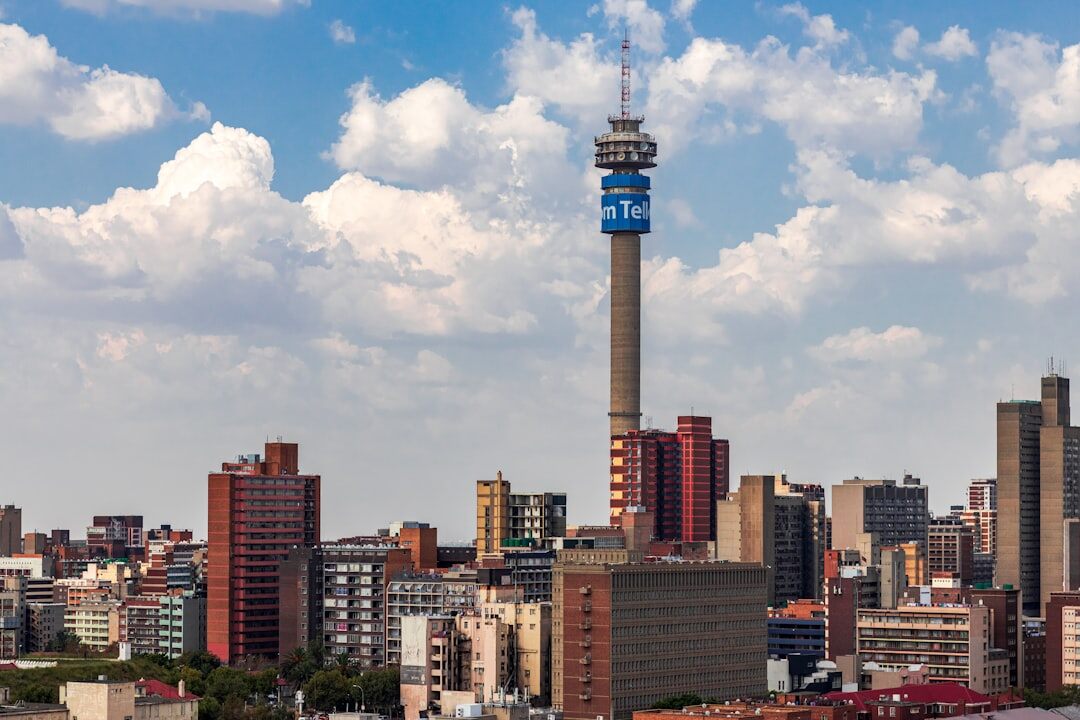 Johannesburg city skyline with modern skyscrapers at dusk